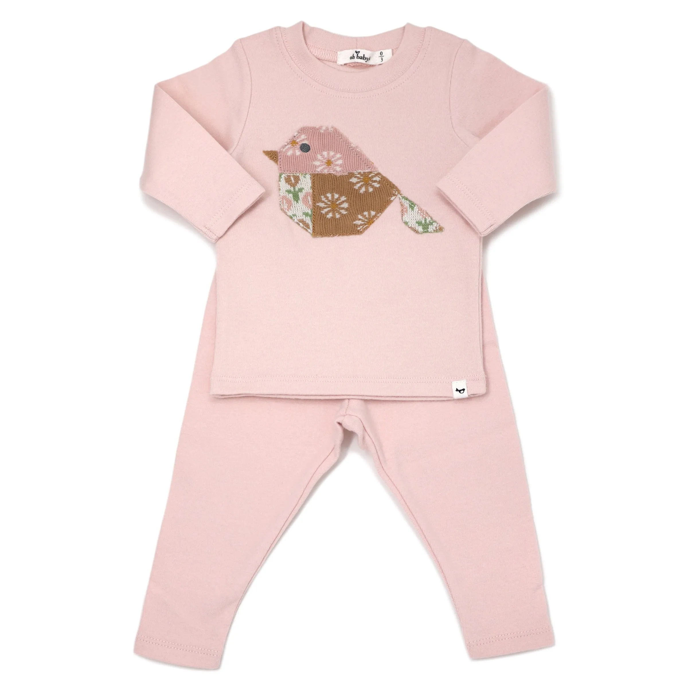 oh baby! Long Sleeve Two Piece Set - Quilted Bird Applique - Pale Pink