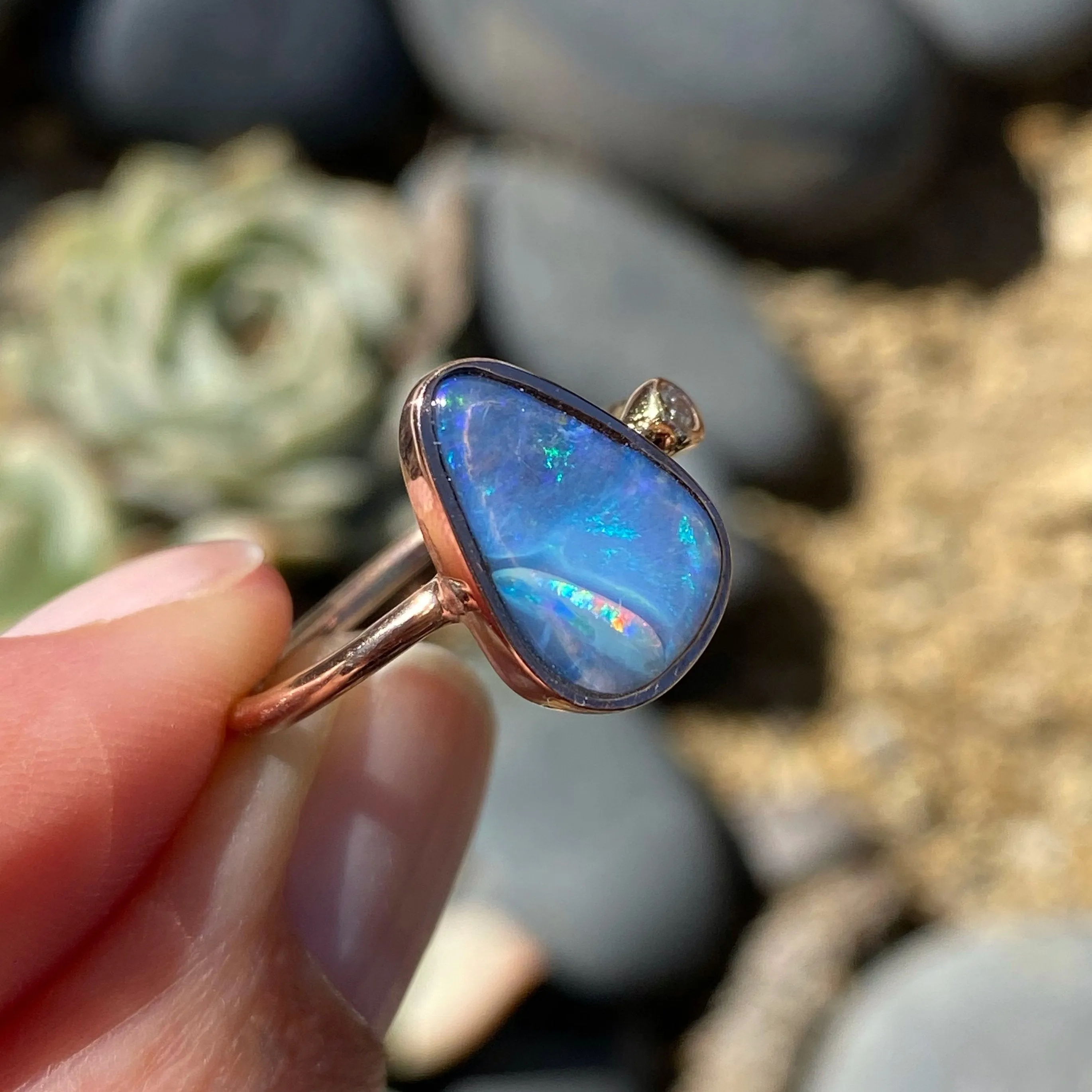 Rainbow River Dali Blue Boulder Opal and Diamond Rose Gold Ring