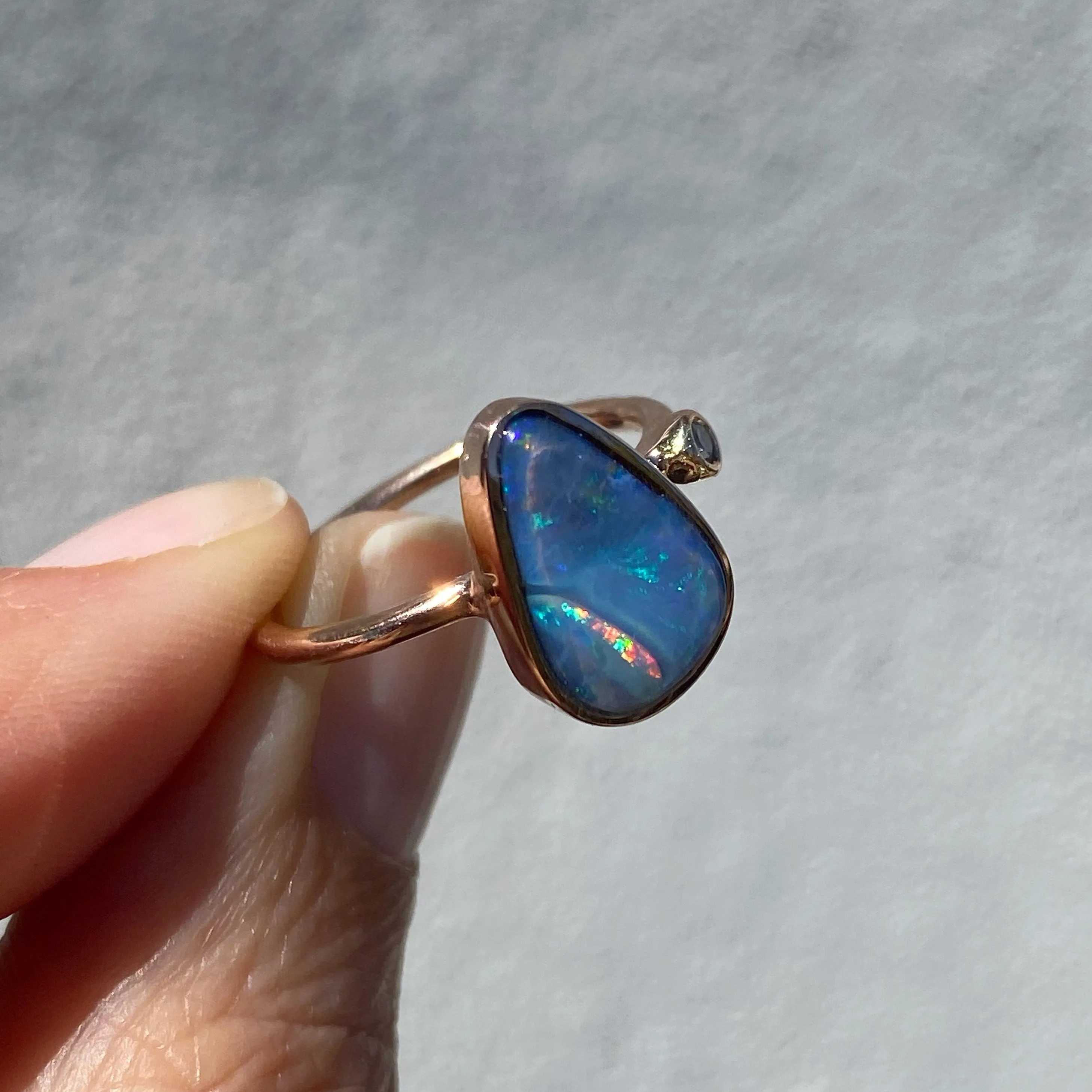 Rainbow River Dali Blue Boulder Opal and Diamond Rose Gold Ring