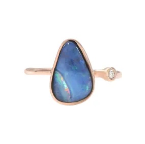 Rainbow River Dali Blue Boulder Opal and Diamond Rose Gold Ring