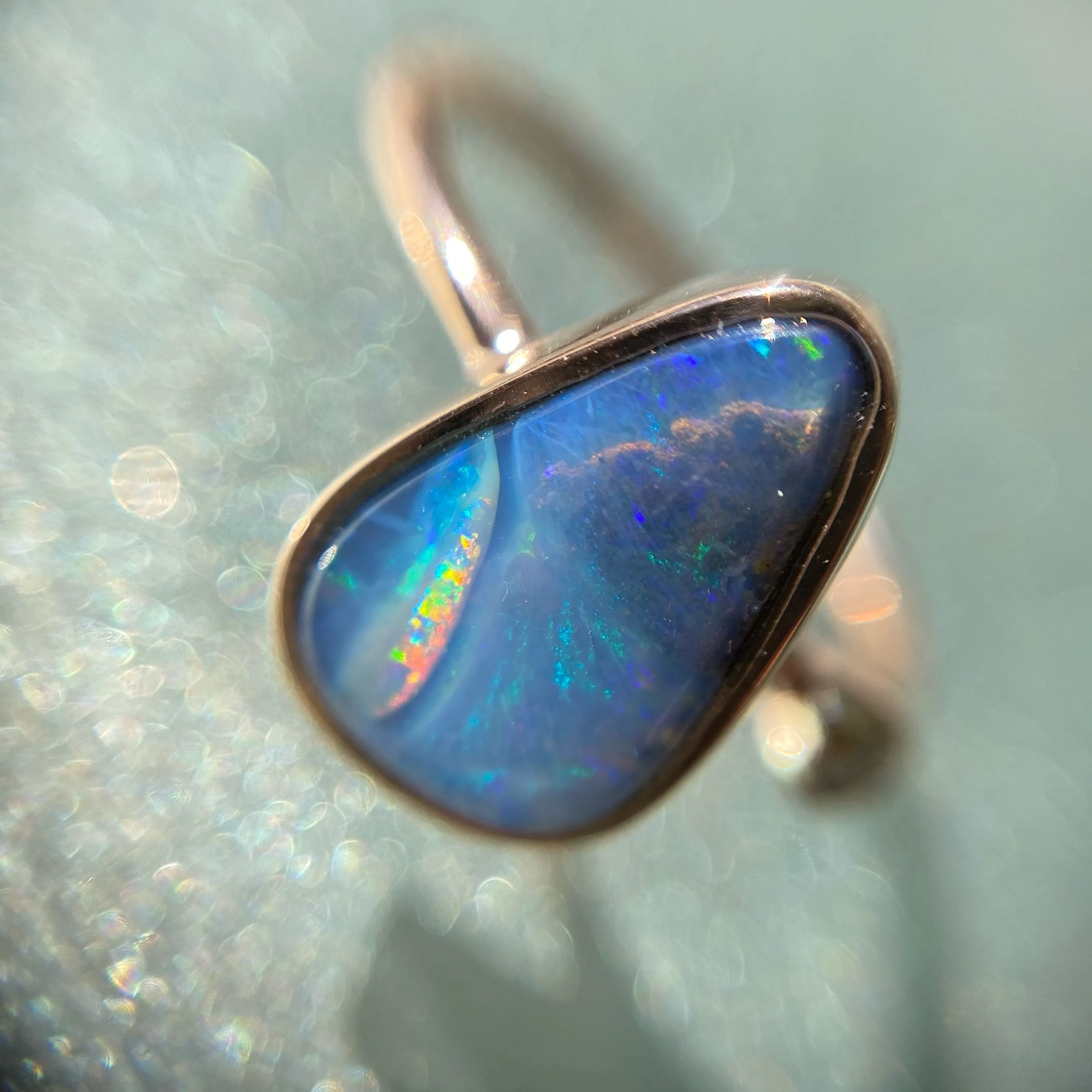 Rainbow River Dali Blue Boulder Opal and Diamond Rose Gold Ring