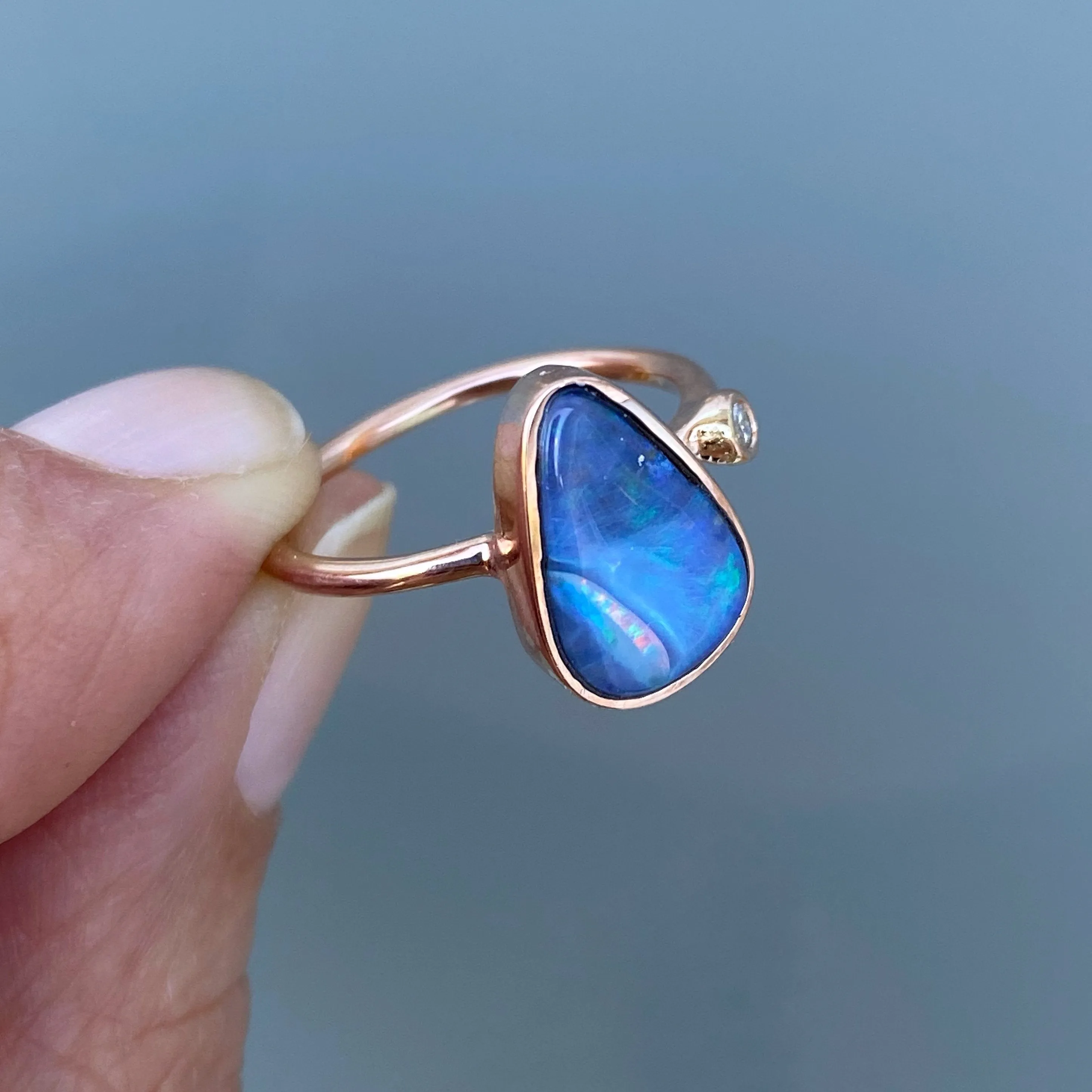 Rainbow River Dali Blue Boulder Opal and Diamond Rose Gold Ring