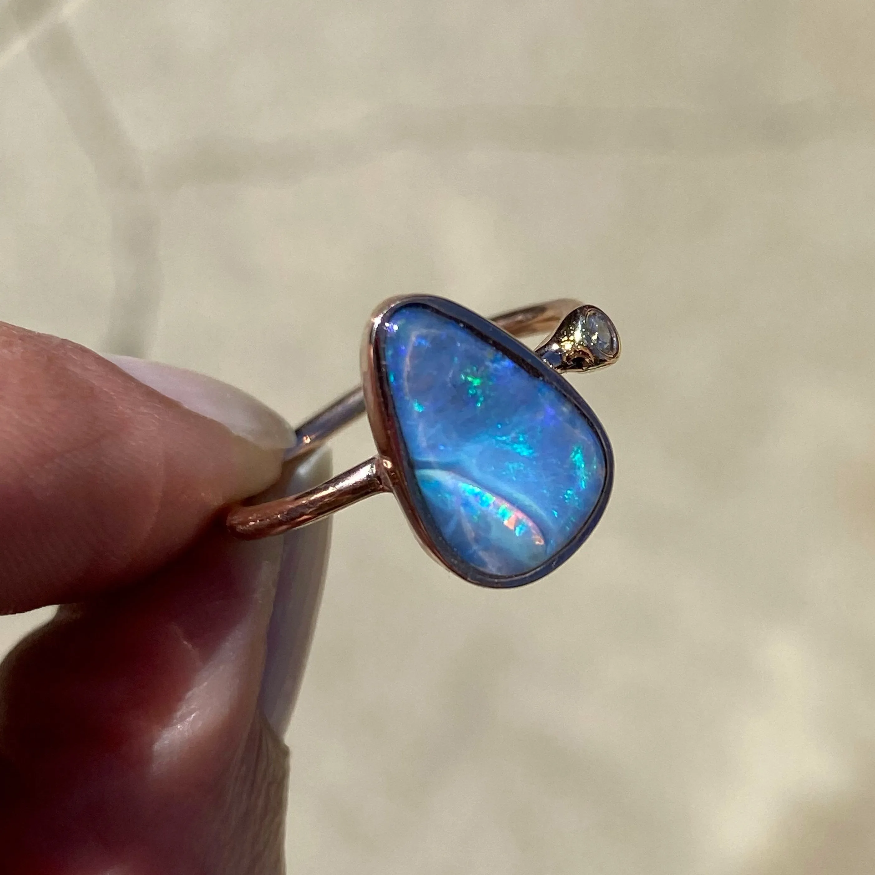 Rainbow River Dali Blue Boulder Opal and Diamond Rose Gold Ring