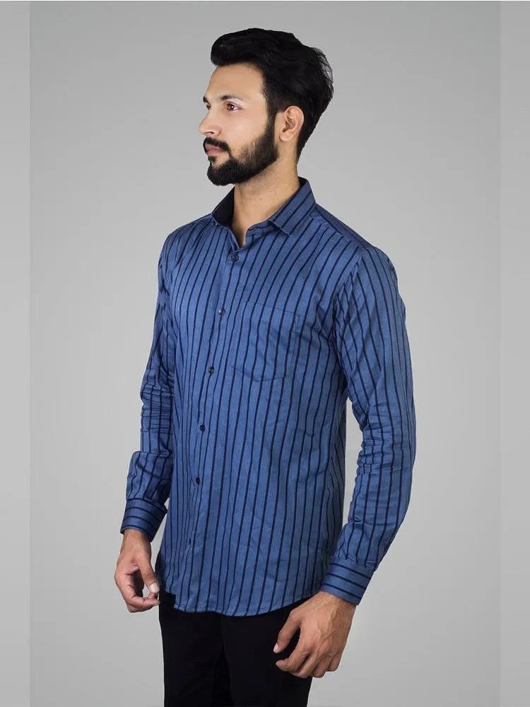 Striped Shirt Men - Blue Twill Stripes Classic Fit Cotton Shirt