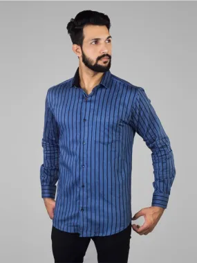 Striped Shirt Men - Blue Twill Stripes Classic Fit Cotton Shirt