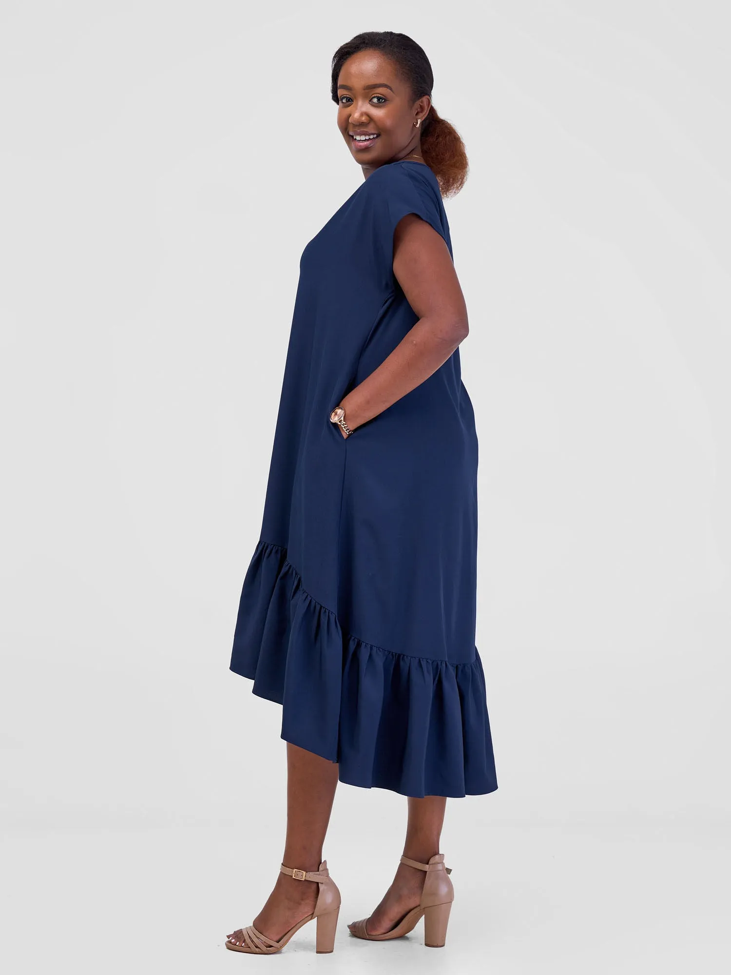 Vivo Esna Drop Shoulder High Low Dress - Navy