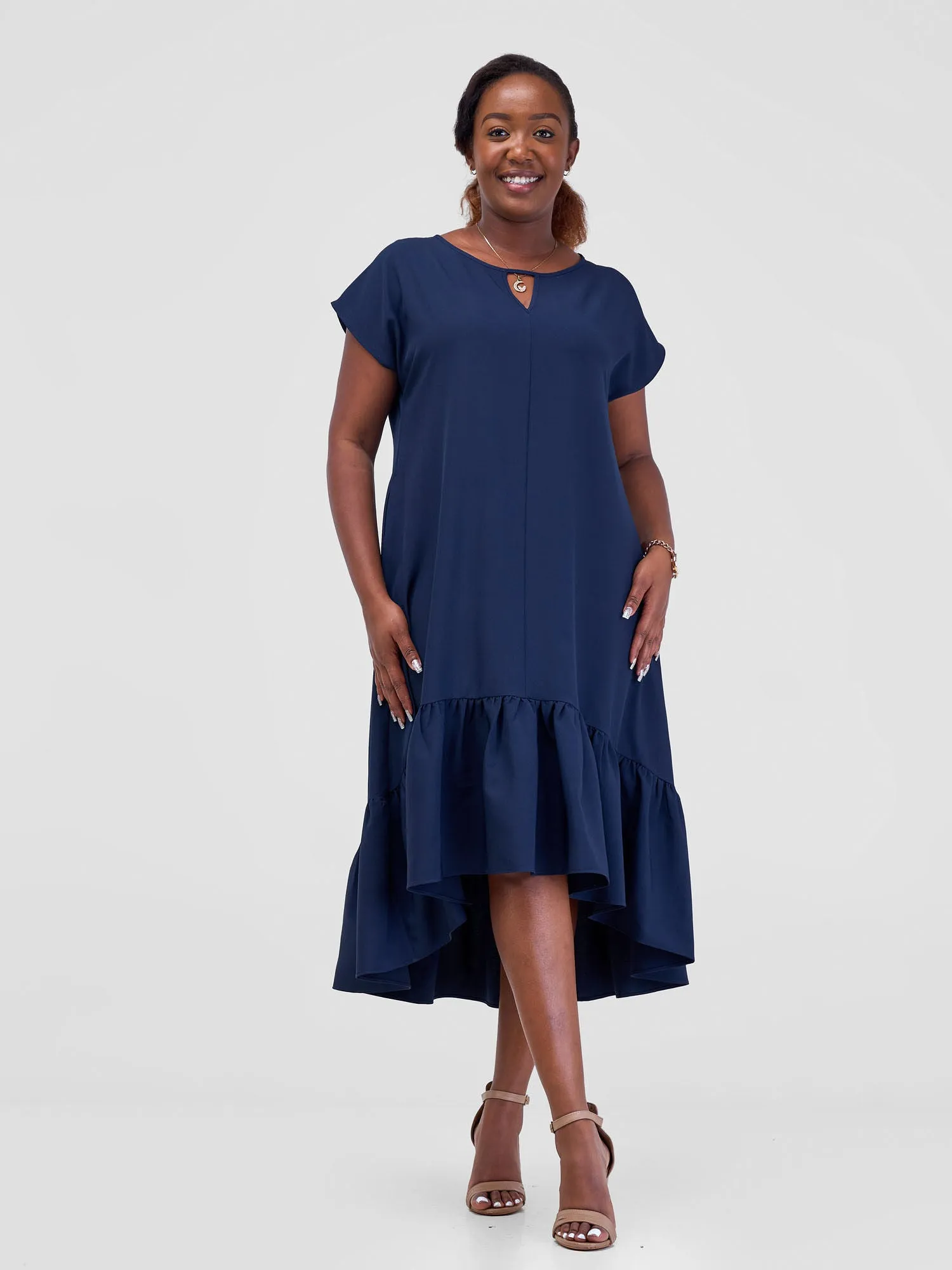 Vivo Esna Drop Shoulder High Low Dress - Navy