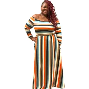 Women’ s Plus Size Off The Shoulder Striped Maxi Dress